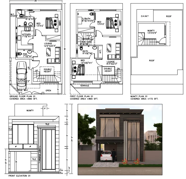Architectural plan set showing ground floor, first floor and mumty plans beside a front elevation study