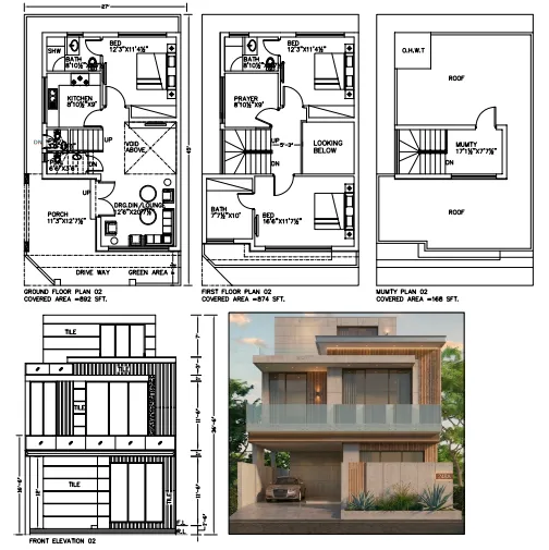 CAD plan set for a two-storey residence with an accompanying front elevation drawing