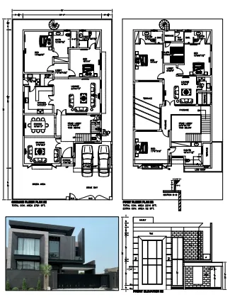 Detailed floor plans for a wide-frontage residence alongside facade drawings