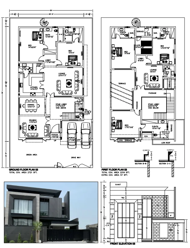 Residential floor plans featuring a double-height lounge and a two-car garage