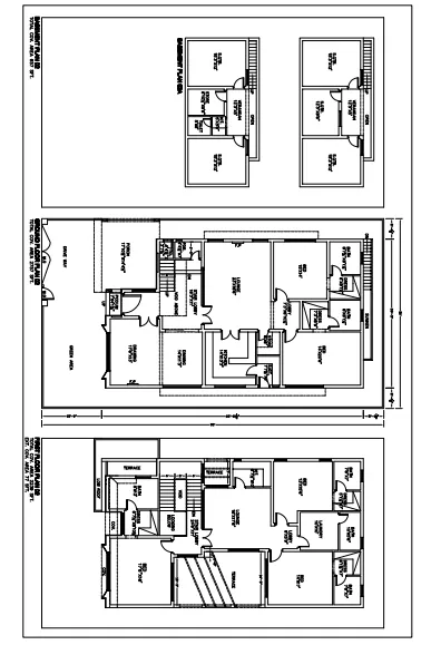 Stacked floor plan drawings for a three-level residence