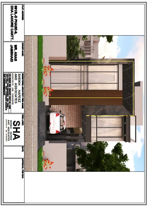 Architectural drawing sheet showing a rendered front elevation with the practice title block