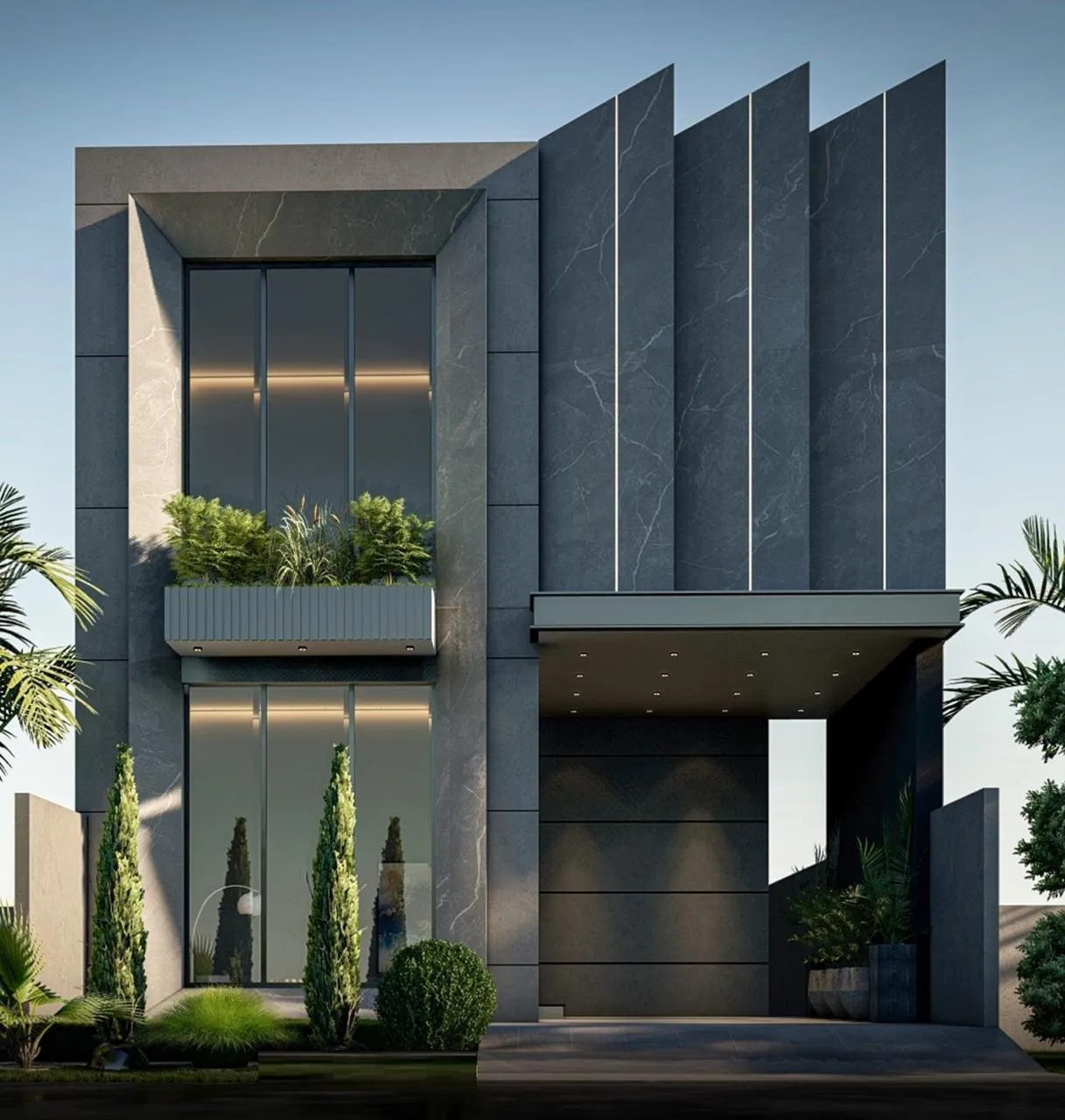 Render of a contemporary residence with tall vertical stone fins and a planted first-floor terrace