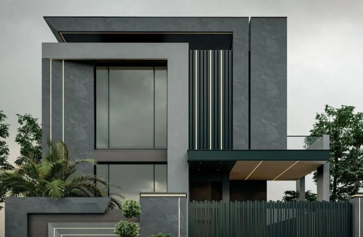 Render of a modern grey stone house with a cantilevered porch and screened entrance